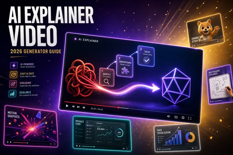 3D rendering of an explainer video on a desktop screen with animated characters and motion graphics elements arranged around it