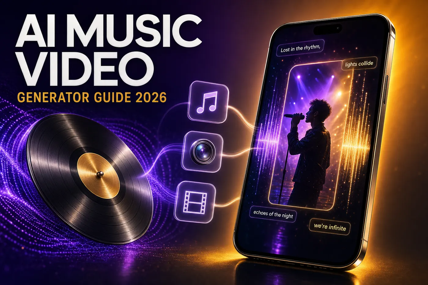 Cinematic AI music video generator cover with vinyl record, waveform, storyboard, and vertical video preview