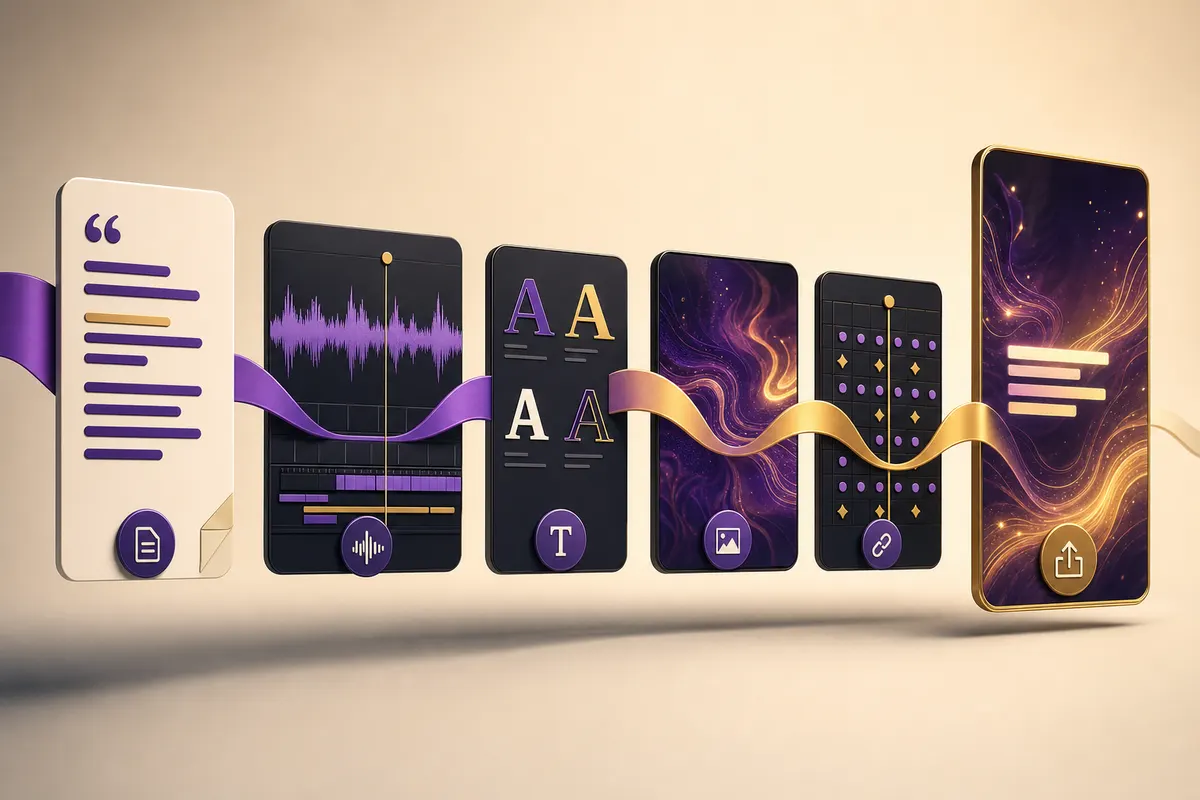 Lyric video pipeline from lyrics and audio waveform to typography, timing, motion background, and social exports