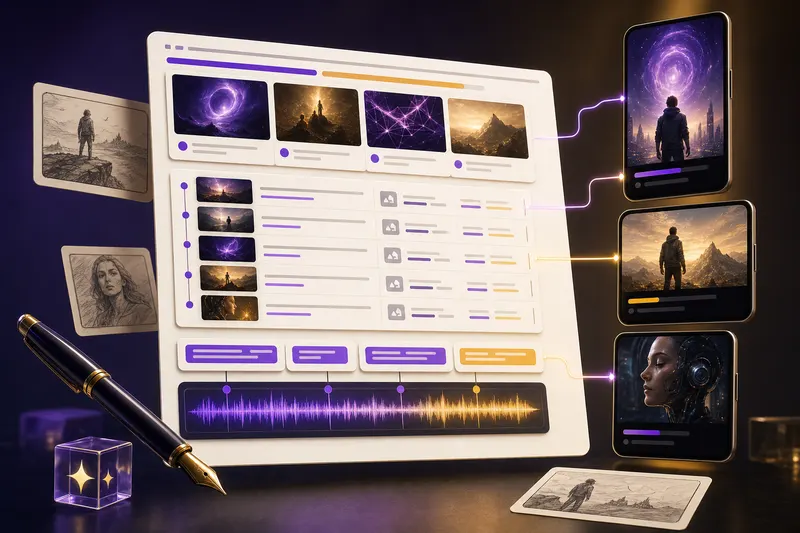 Cinematic AI video script generator interface with hook cards, storyboard scenes, captions, and vertical video previews