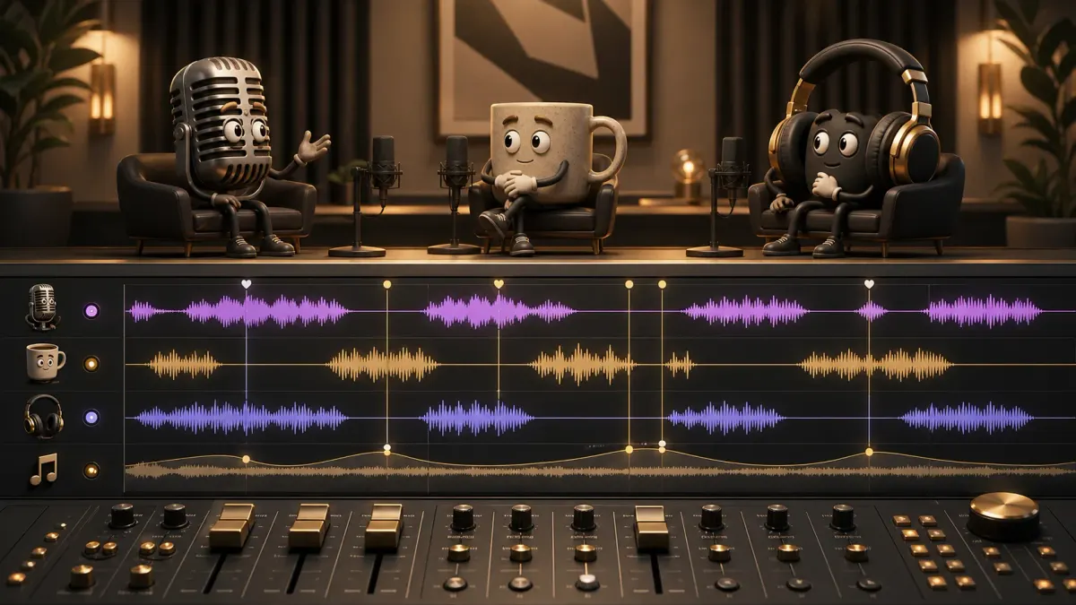 Three animated object characters above a multitrack dialogue and music timeline with distinct voice waveforms