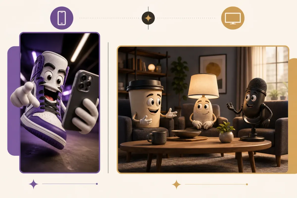 Vertical short-form talking sneaker compared with a widescreen long-form conversation between household object characters