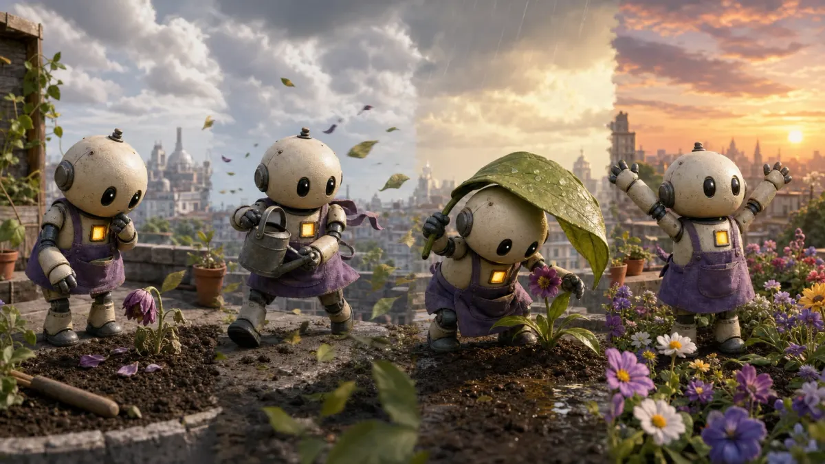 The same small robot gardener discovering a wilted flower, facing wind and rain, protecting it, and celebrating its bloom