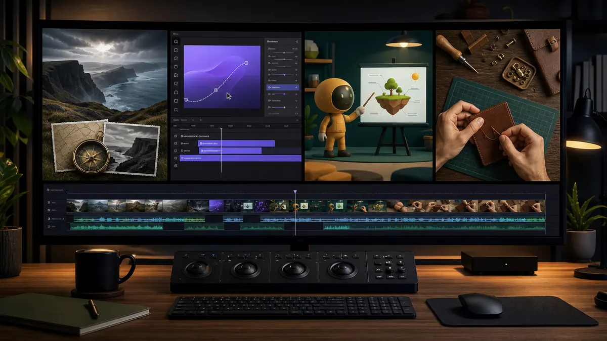 Four faceless video styles showing documentary scenes, screen tutorials, animated characters, and narrated social videos