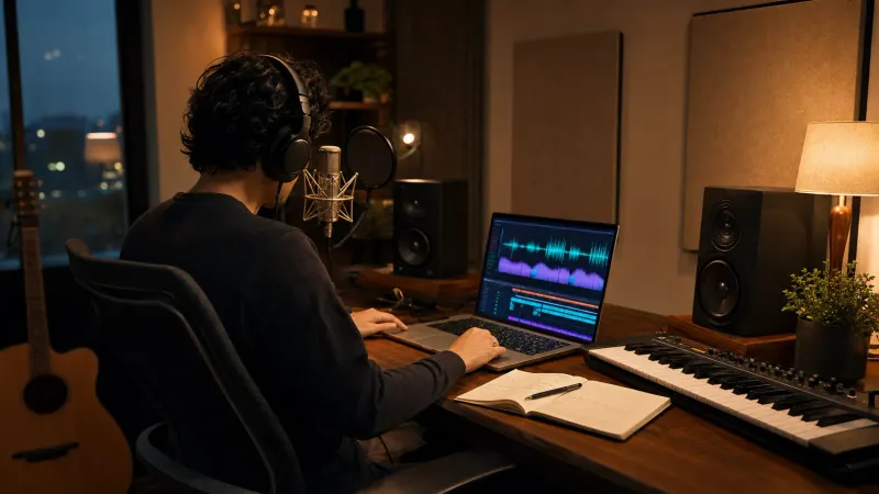 Music producer creating a song with an AI music generator in a modern recording studio