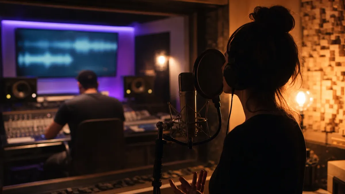 Singer in a recording booth and producer reviewing an AI vocal waveform in a studio