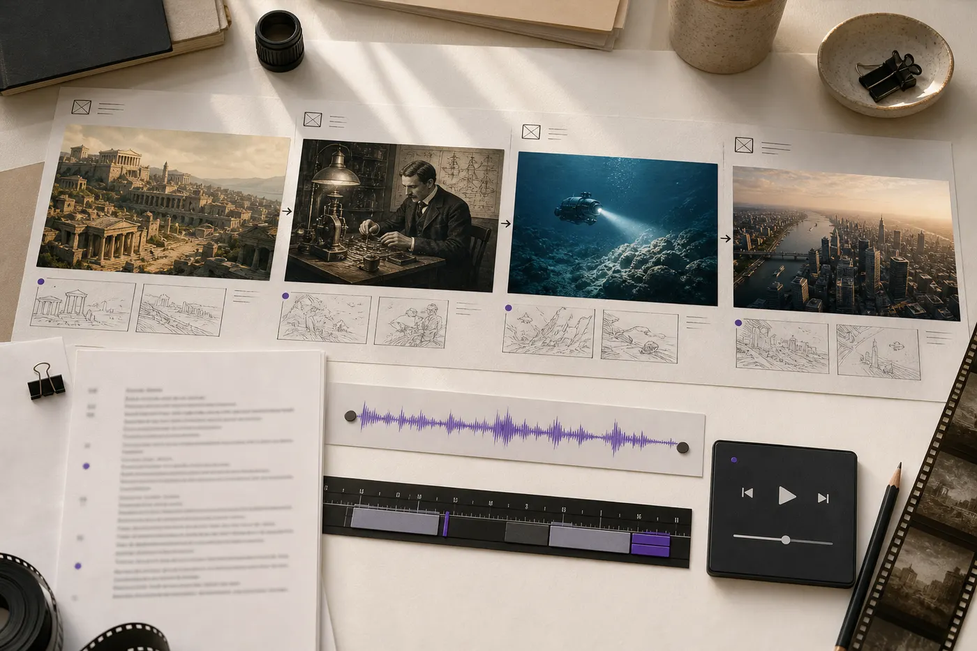 Documentary storyboard with historical, scientific, and city scenes beside a script, audio waveform, and editing timeline
