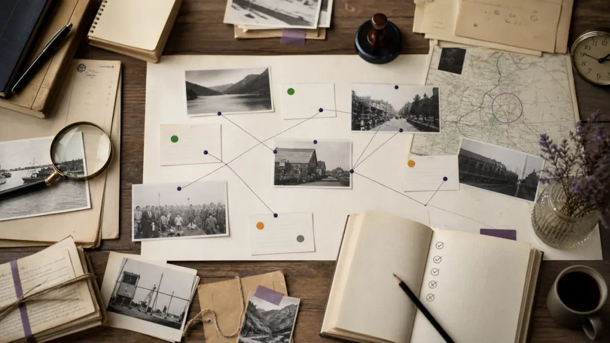 Documentary research desk connecting archival photographs, maps, source cards, and confidence markers before scripting