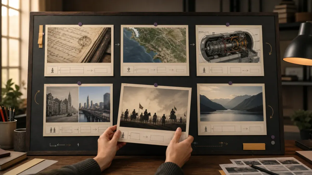 Six-scene documentary storyboard using a document, map, technical diagram, comparison, reconstruction, and atmospheric landscape