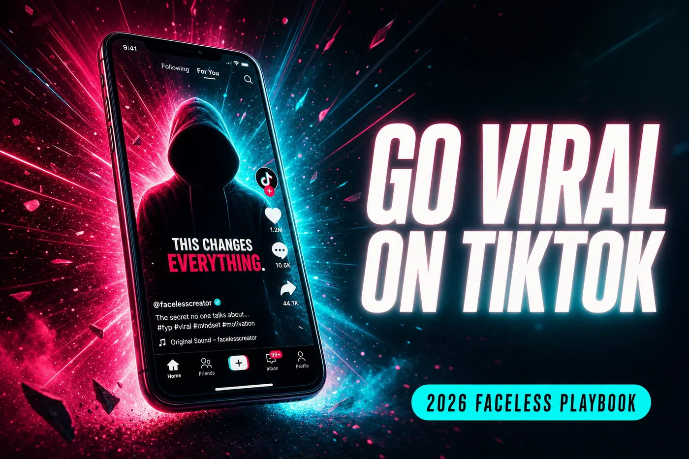 Cinematic 3D TikTok-style phone screen exploding with viral light rays on a gradient