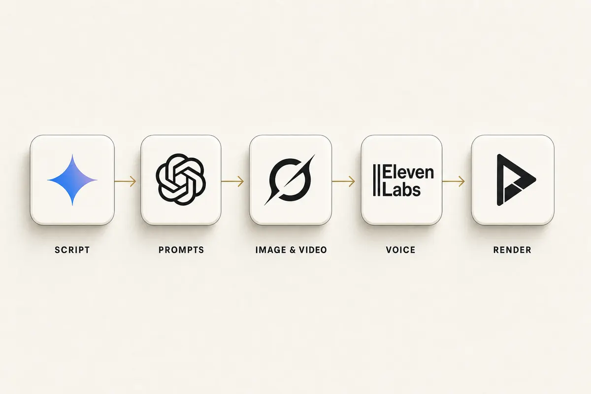 Six-stage pipeline diagram from script LLM through still generation, image-to-video, voice, music and captions to the finished faceless YouTube long-form