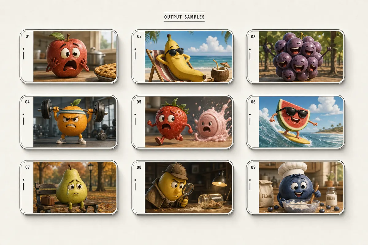 Grid of nine YouTube thumbnails from 2026 viral faceless channels — talking food, anthropomorphic animals, mini documentaries — all generated through image-to-video pipelines