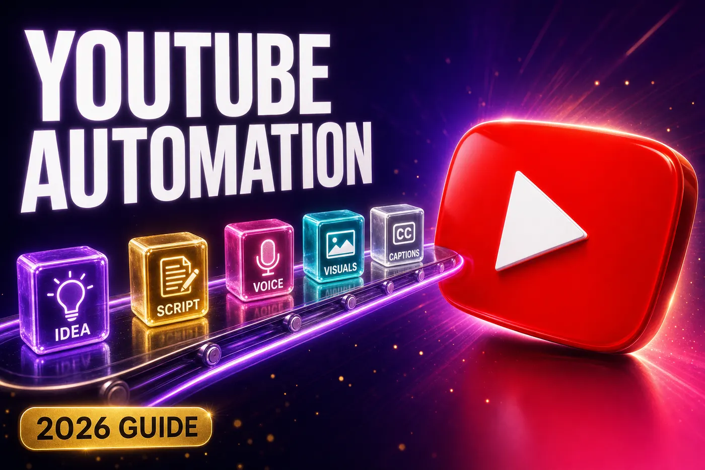 Editorial illustration of a calm operator console turning a single idea into a steady stream of finished YouTube videos