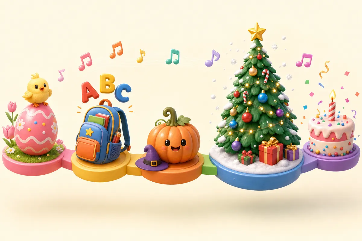 Annual seasonal nursery rhyme calendar showing Christmas, Halloween, Easter, Valentine's, Birthday peaks across the year